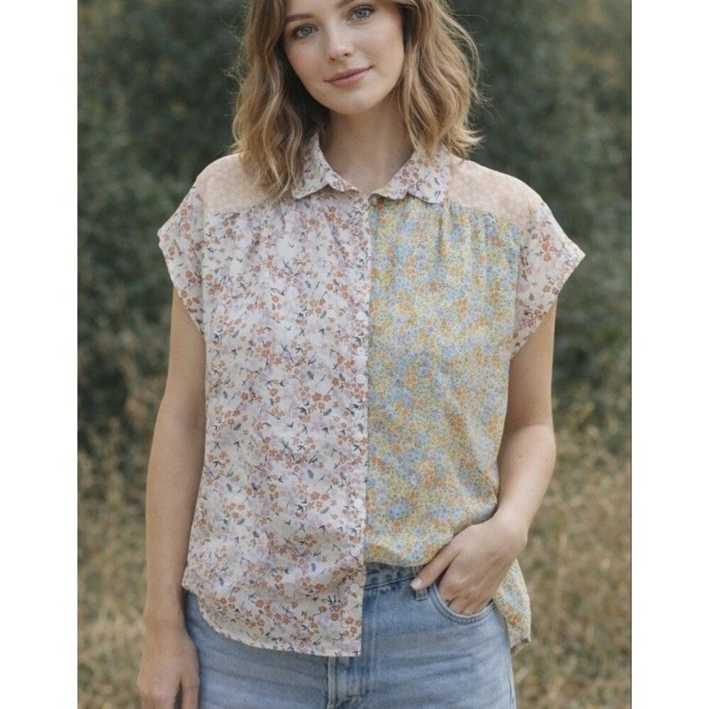 American Eagle Top Womens S Floral Patchwork Button Up Boho Peasant Cottage
